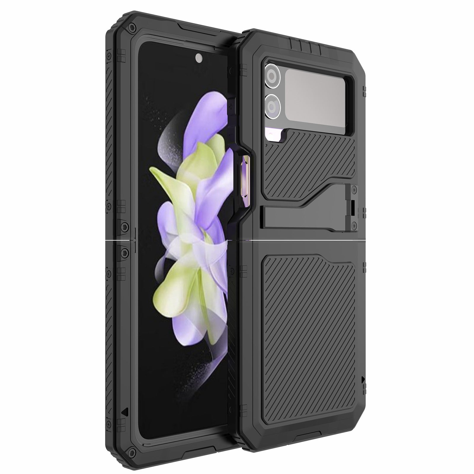 For Samsung Galaxy Z Flip4 5G Kickstand Tough Armour Cover Aluminium Alloy Silicone Shockproof Phone Case with Small Screen Protector For Samsung Galaxy Z Flip4 5G Kickstand Tough Armour Cover Aluminium Alloy Silicone Shockproof Phone Case with Small Screen Protector